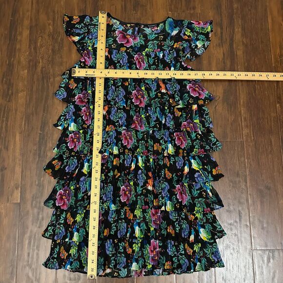 NWOT TARA JARMON Chiffon Pleated Tiered Dress in Multi Floral & Bird Print - Picture 15 of 15